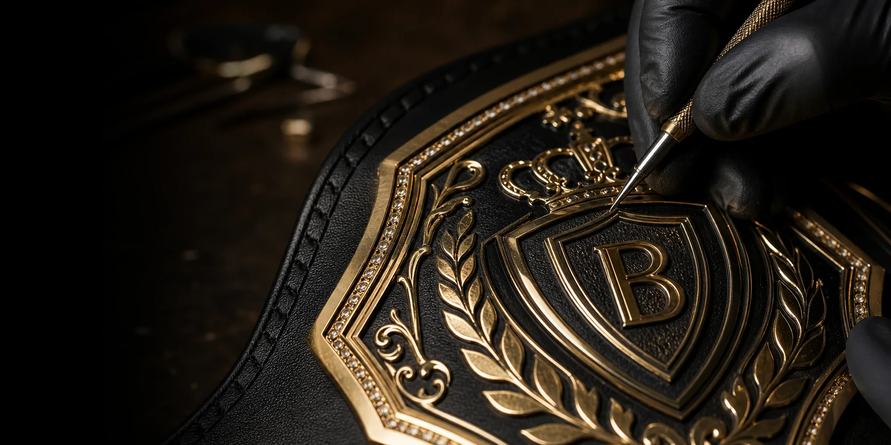 Close-up craftsmanship detail on a custom championship belt